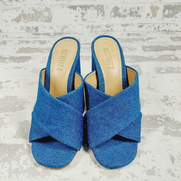 NEW Schutz Callie Blue Velvet Crossover Heeled Mule Sandals F653 - Picture 3 of 12